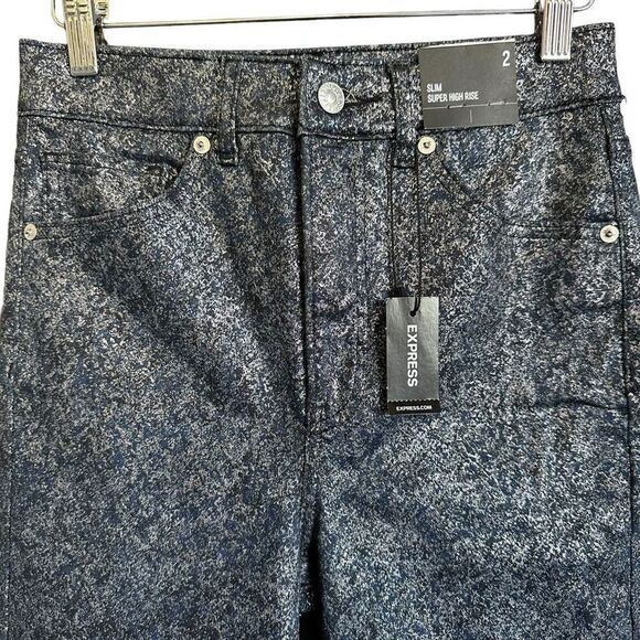 Express Slim Super High Rise Jacquard Silver Metallic Blue Jeans - Picture 4 of 7